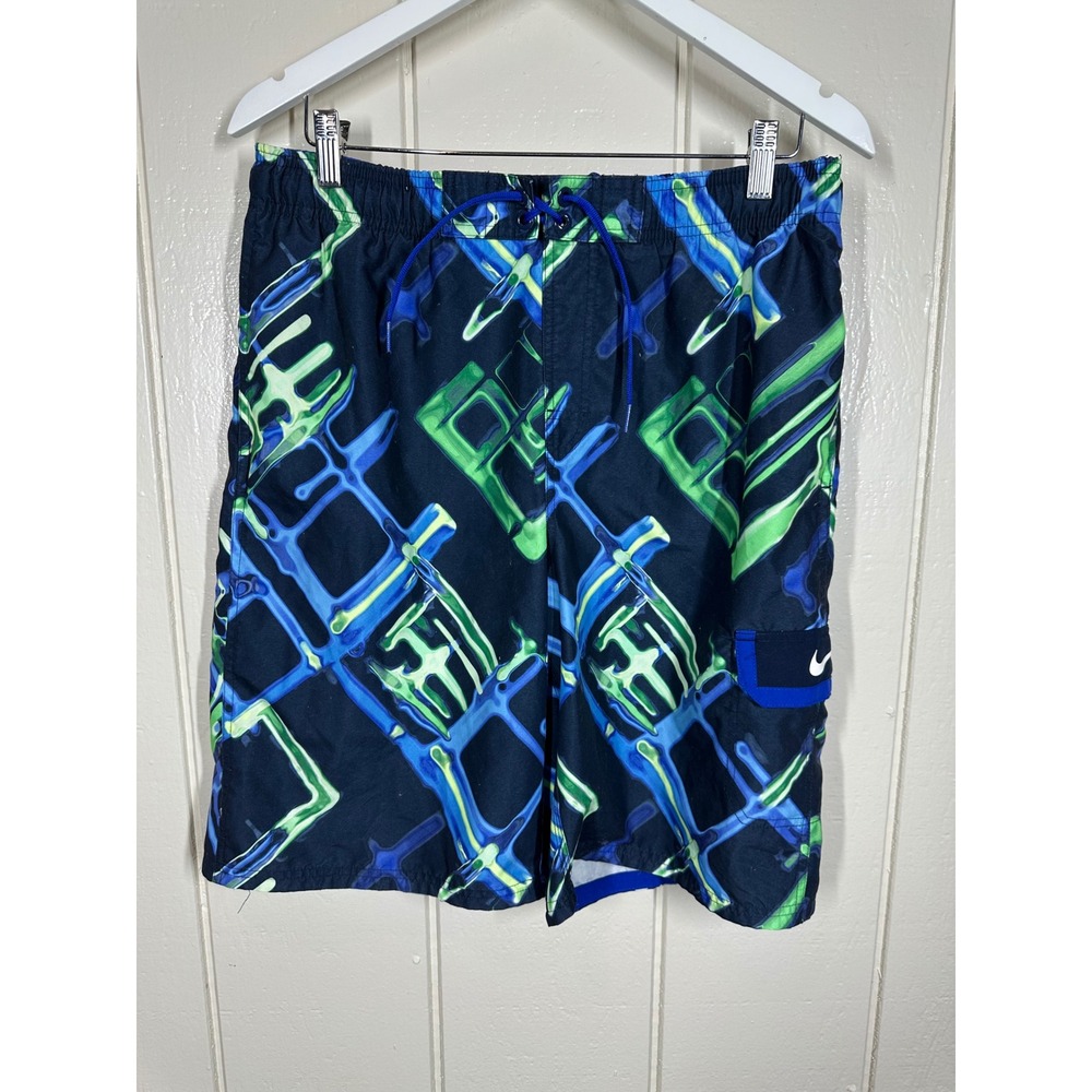 Nike Swim Trunks Men M Blue Green Abstract Cargo Pocket Swoosh Shorts